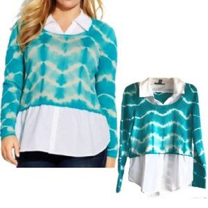 INC International Concepts Teal Tie Dye Top Layered Look 2fer Stretch Large NEW